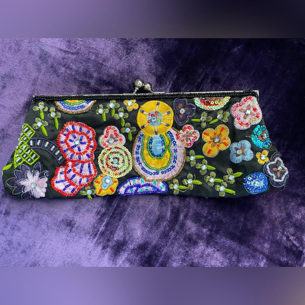 Rhinestones and beading small clutch purse. Black, night out, dress up, vintage